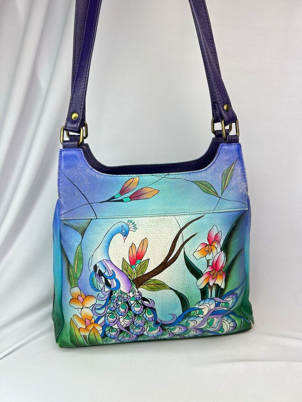 Anna by Anuschka Midnight Peacock Hand Painted Leather Hobo Bag SMDC 7001